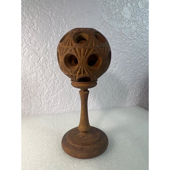Vtg Hand-Carved Natural Wooden Puzzle Ball on Pedestal Folk Art Decor Ball in Ba - Picture 5 of 8